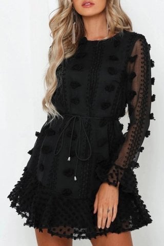 Siyah 3d Çiçekli Uzun Kollu Elbise