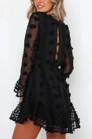 Siyah 3d Çiçekli Uzun Kollu Elbise