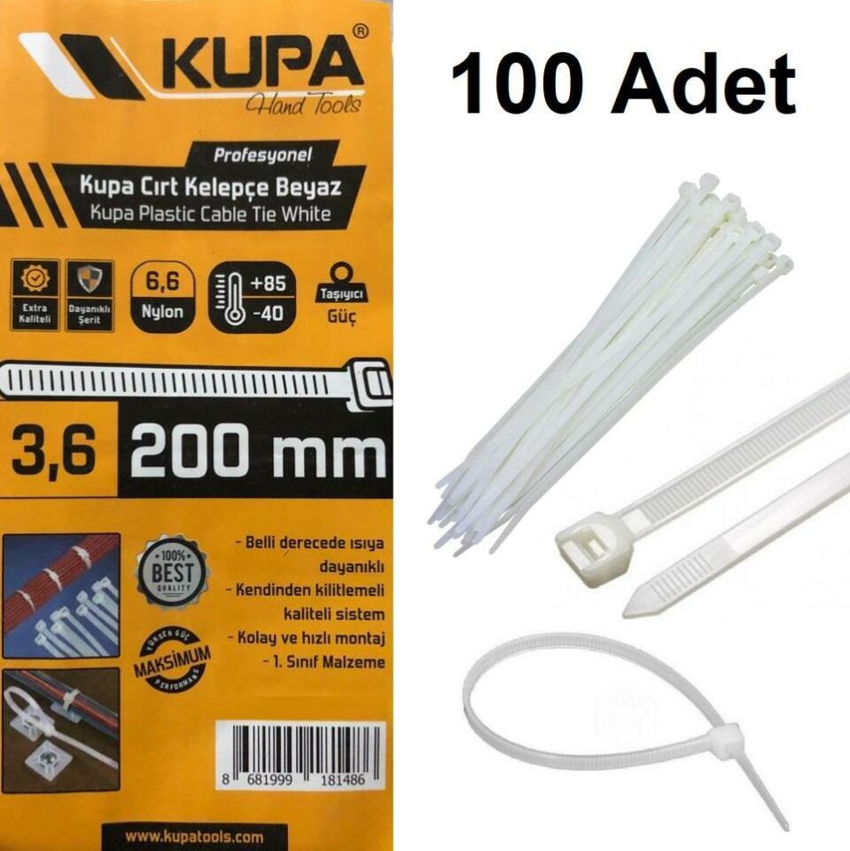 Kupa Plastik Cırt Kelepçe Beyaz 3.6 x 200 mm. - 100 Adet