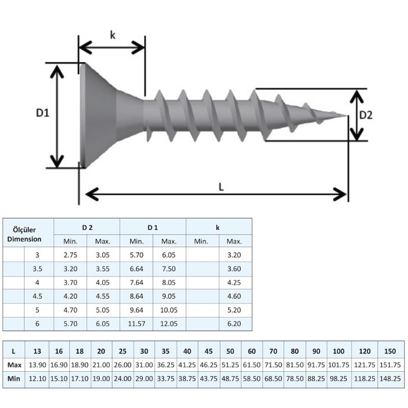 Yağmur Vida Ahşap Sunta Vidası 4.0x50 mm. - 100 Adet