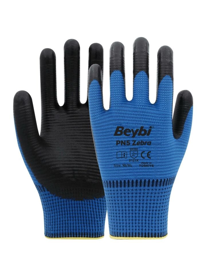 Beybi Polyester-Nitril İş Eldiveni PN5 Zebra No: 10 MAVİ - 1 Çift