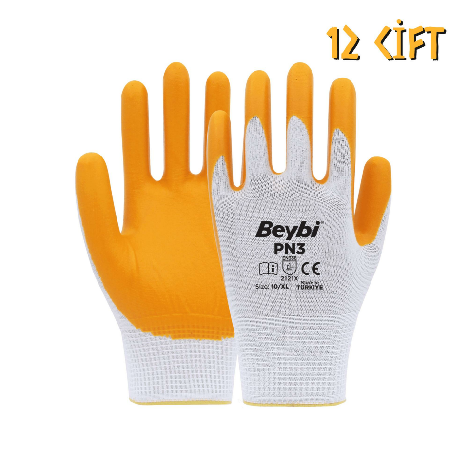 Beybi Polyester-Nitril İş Eldiveni PN3 No: 10 Sarı - 12 Çift