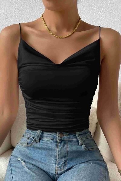 Merry See Kadın Kolsuz Askılı Degaje Yaka Bluz Crop Siyah