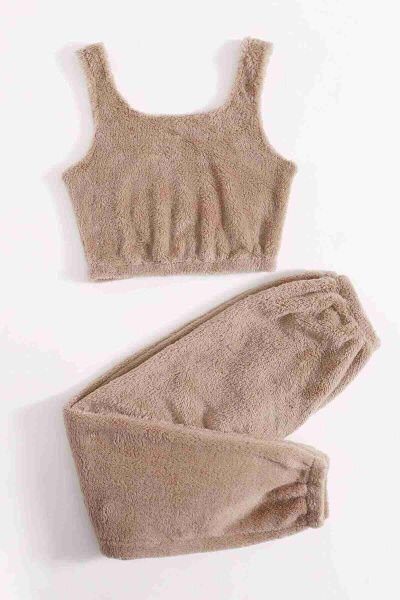 Merry See Kolsuz Askılı Peluş Polar Alt Üst Pijama Takımı Kahverengi