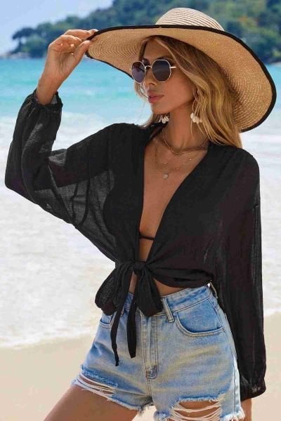 Angelsin Önden Bağlamalı Salaş Gömlek Pareo Crop Bluz Siyah