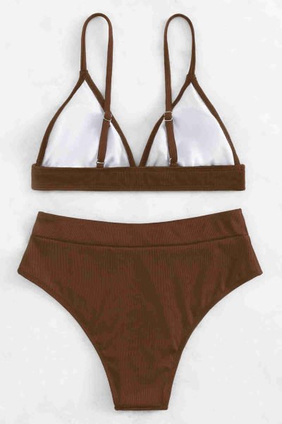 Angelsin Ayarlanabilir Askılı Üçgen Tasarım Yüksek Bel Bikini Takımı Kahverengi