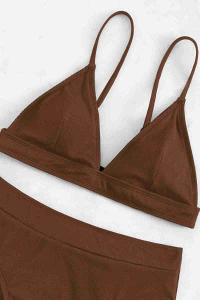 Angelsin Ayarlanabilir Askılı Üçgen Tasarım Yüksek Bel Bikini Takımı Kahverengi