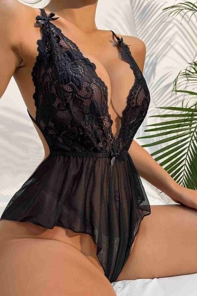 Merry See Dantelli Gecelik Babydoll Bodysuit Siyah