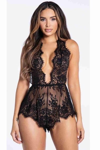 Merry See Şık Dantelli Gecelik Babydoll Bodysuit Tulum Siyah