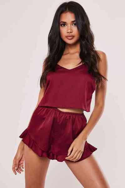 Merry See Saten Şortlu Takım Bordo