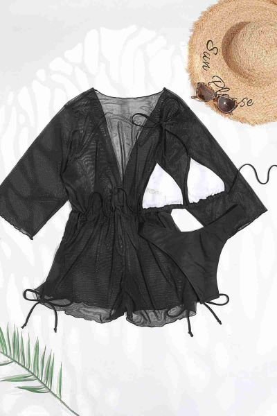 Angelsin Şifon Pareo Plaj Elbisesi Cover Up Kimono Siyah