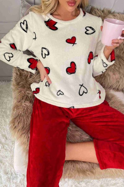 Merry See Kalp Baskılı Peluş Polar Alt Üst Uzun Kollu Pijama Takımı Çok Renkli
