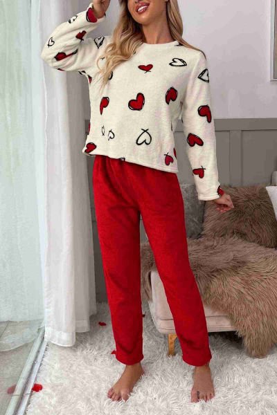 Merry See Kalp Baskılı Peluş Polar Alt Üst Uzun Kollu Pijama Takımı Çok Renkli