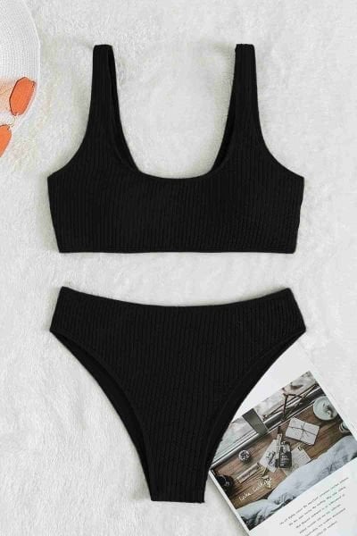 Angelsin Özel Fitilli Kumaş Yüksek Bel Tankini Bikini Takım Siyah