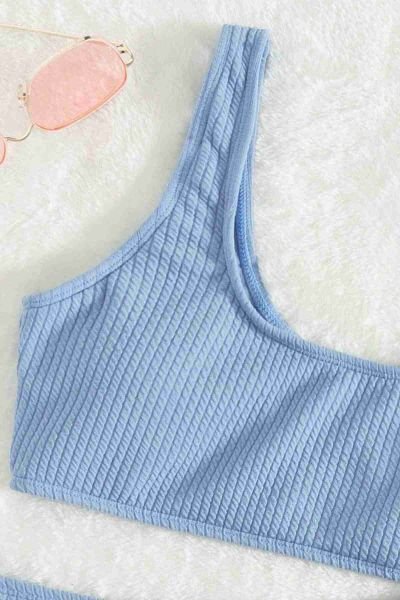 Angelsin Özel Fitilli Kumaş Yüksek Bel Tankini Bikini Takım Mavi