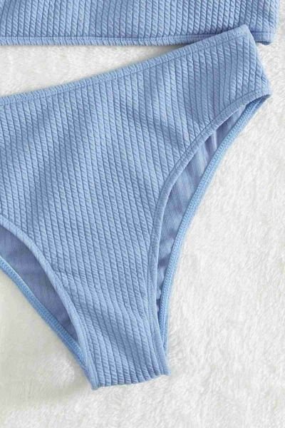 Angelsin Özel Fitilli Kumaş Yüksek Bel Tankini Bikini Takım Mavi