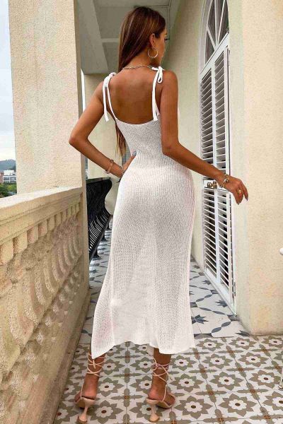 Angelsin Örme Wrap Yaka Yırtmaçlı Plaj Elbisesi Pareo Beyaz