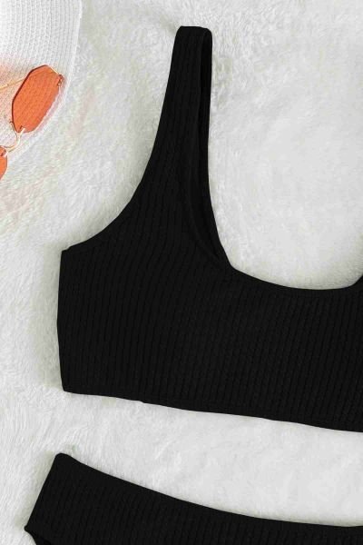 Angelsin Özel Fitilli Kumaş Tankini Bikini Üstü Siyah