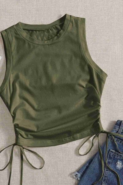 Merry See Yanları Büzgülü Kolsuz Bluz Crop Top Atlet Yeşil