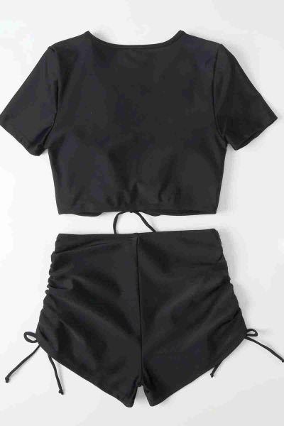 Angelsin Özel tasarım Yarım Kol Büzgü Detaylı Bikini Takım Siyah