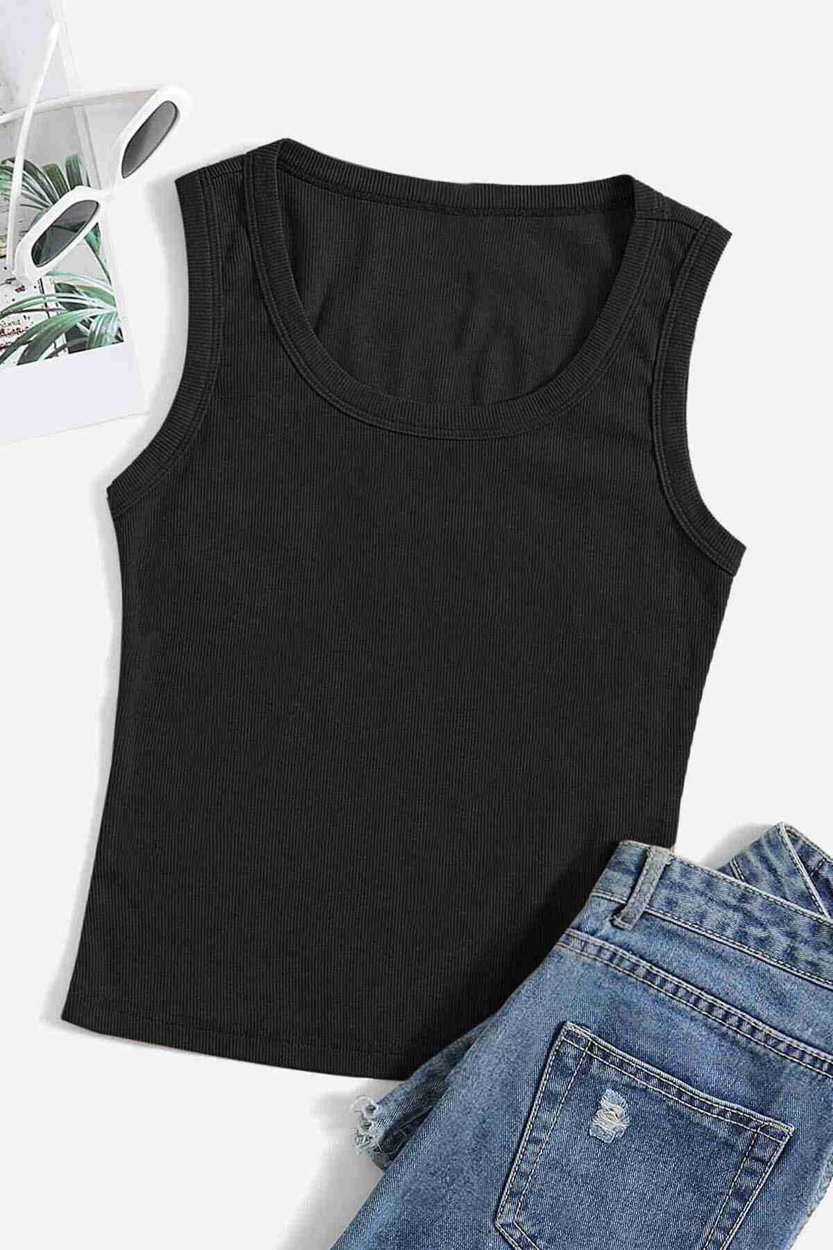 Merry See Düz Renk Kadın Kolsuz Bluz Crop Top Siyah