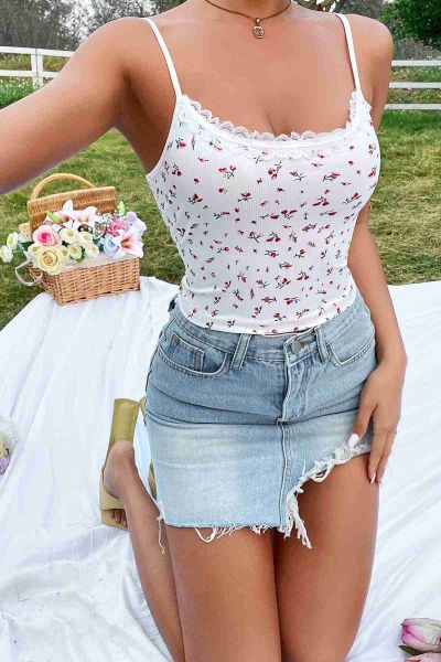 Merry See Çiçek Desenli Askılı Atlet Bluz Crop Top Çok Renkli
