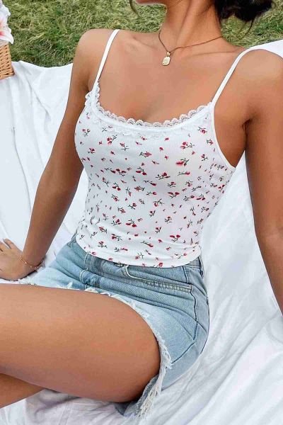 Merry See Çiçek Desenli Askılı Atlet Bluz Crop Top Çok Renkli