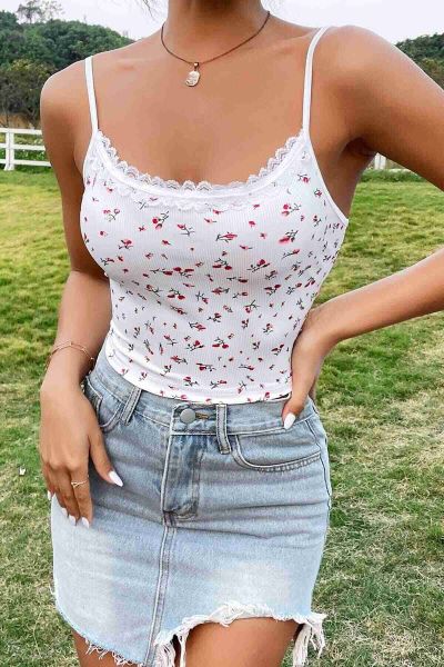 Merry See Çiçek Desenli Askılı Atlet Bluz Crop Top Çok Renkli