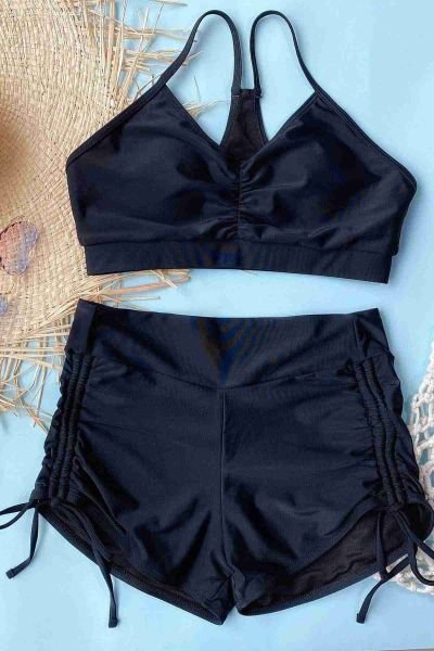 Angelsin Yanlardan Ayarlı Büzgülü Deniz Şortlu Tankini Bikini Takım Siyah