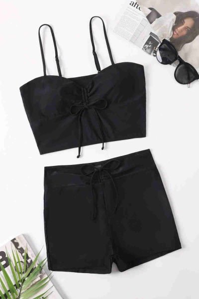 Angelsin Önden Ayarlı Büzgülü Deniz Şortlu Tankini Bikini Takım Siyah