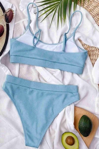 Angelsin Yüksek Bel Fitilli Kumaş BiKini Altı Mavi
