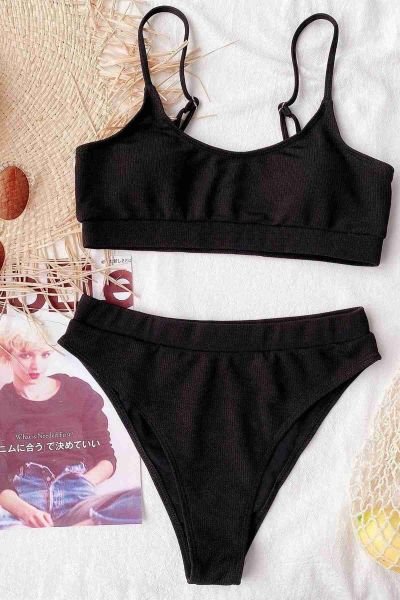 Angelsin Yüksek Bel Fitilli Kumaş Tankini Bikini Üstü Siyah