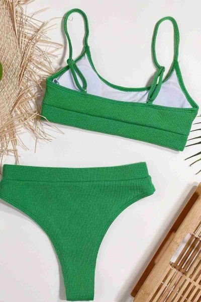 Angelsin Yüksek Bel Fitilli Kumaş Tankini Bikini Üstü Yeşil