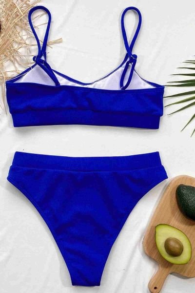 Angelsin Yüksek Bel Fitilli Kumaş Tankini Bikini Üstü Saks