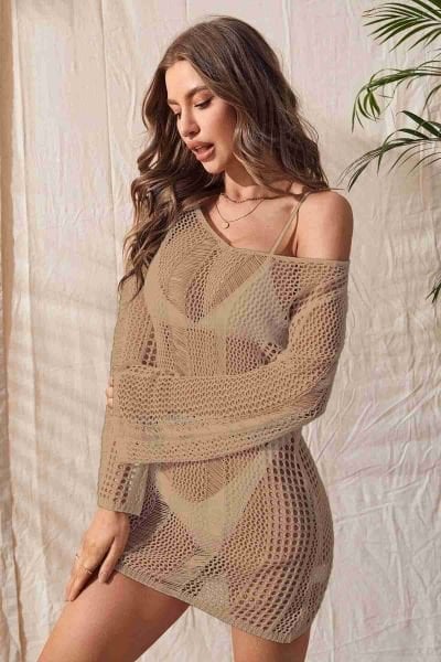 Angelsin Örme Pamuk Uzun Kollu Pareo Plaj Elbisesi Kimono Kaftan Krem