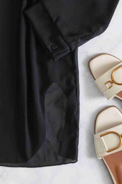 Angelsin Şifon Gömlek Plaj Elbisesi Pareo Kimono Kaftan Siyah