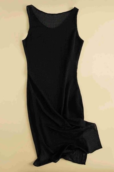 Angelsin Özel Kumaş Şık Pareo Plaj Elbisesi Kimono Kaftan Siyah