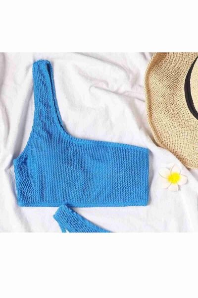 Angelsin Özel Fitilli Kumaş Bikini Üstü Mavi