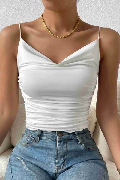 Merry See Kadın Kolsuz Askılı Degaje Yaka Bluz Crop Beyaz