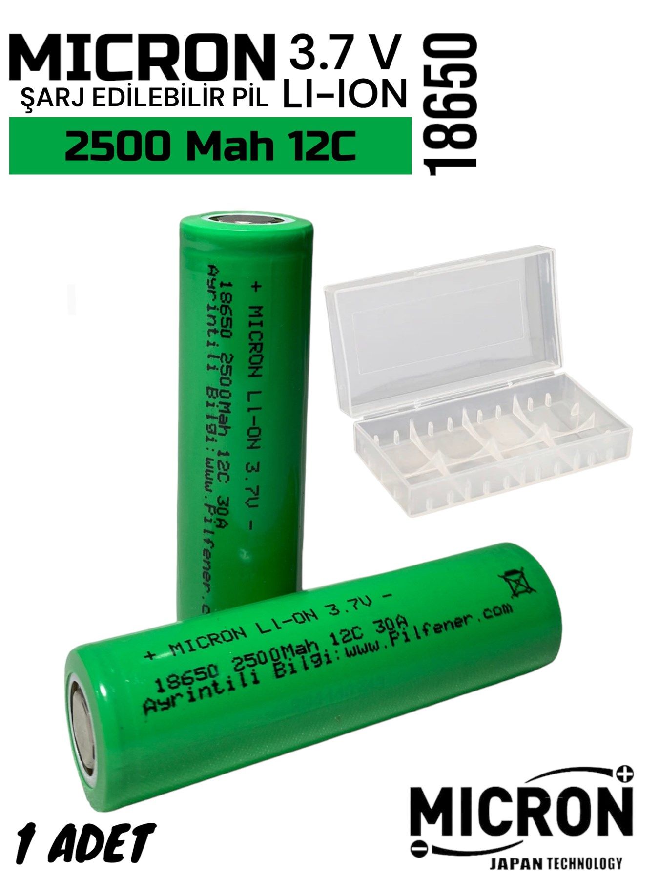 18650 3.7V (Volt) 2500 MaH(Amper) 12C Lityum Şarj edilebilir 1 Adet Pil(Batarya) Pil Kutusu Hediyeli