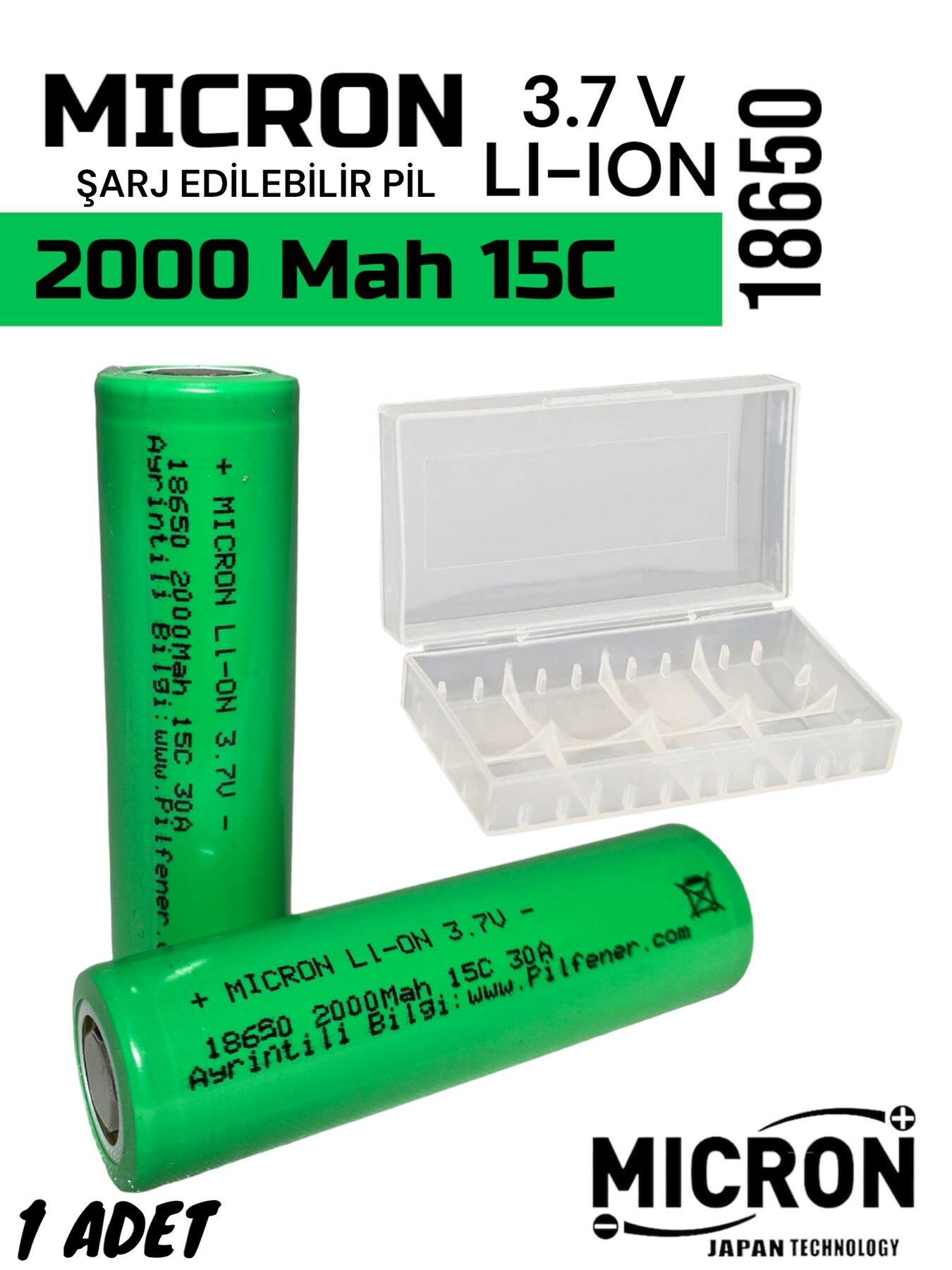18650 3.7V (Volt) 2000 MaH(Amper) 15C Lityum Şarj edilebilir 1 Adet Pil(Batarya) Pil Kutusu Hediyeli