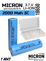 18650 3.7V (Volt) 2000 MaH(Amper) 3C Lityum Şarj edilebilir 1 Adet Pil(Batarya) Pil Kutusu Hediyeli