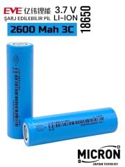EVE  18650 3.7V (Volt) 2550 MaH 26V Lityum Şarj edilebilir 1 Adet Pil(Batarya) Pil Kutusu Hediyeli