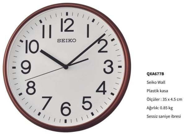 Seiko QXA677B Ahşap Renkli Plastik Kasa Sessiz Saniye İbreli Duvar Saati
