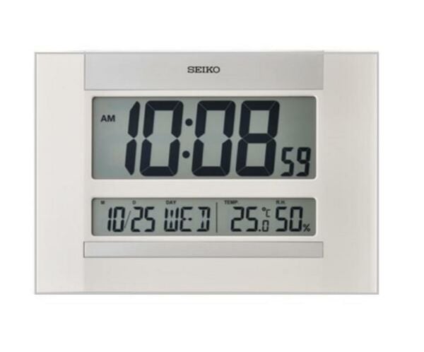 Seiko QHL088W Dijital Beyaz LCD Kadranlı Takvimli Termometre Higrometre Masa veya Duvar Saati
