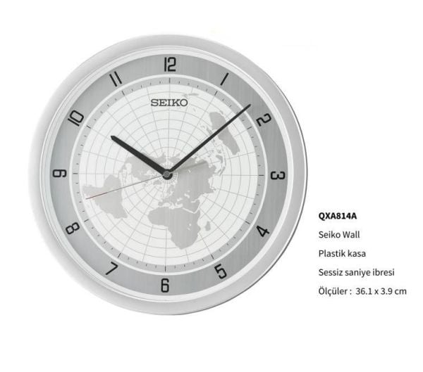 Seiko QXA814A Metalik Renkli Plastik Kasa Dünya Haritası Sessiz Saniyeli Duvar Saati