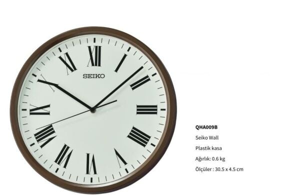 Seiko QHA009B Metalik Kahverengi Renkli Plastik Kasa Beyaz Kadranlı Quartz Mekanizmalı Duvar Saati