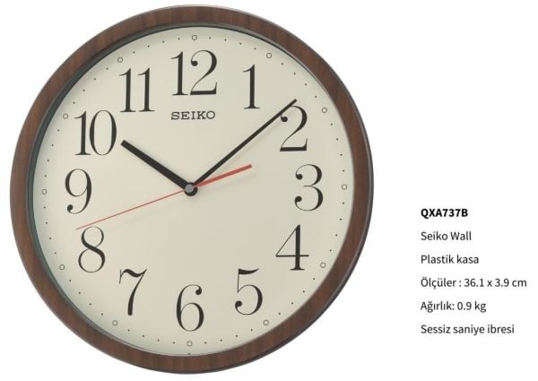 Seiko QXA737B Sessiz Saniye İbreli Ahşap Dokulu Beyaz Kadranlı Dekoratif Duvar Saati