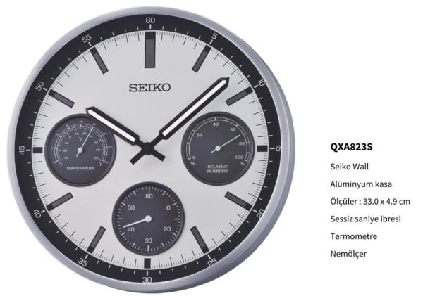 Seiko QXA823S Alüminyum Kasa Isı ve Nem Ölçerli Sessiz Saniyeli Duvar Saati