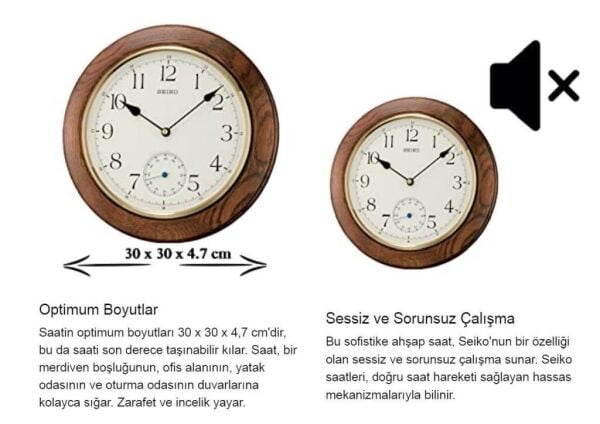 Seiko Clocks QXA432B Alt Sessiz Saniyeli Ahsap Kasa Meşe Duvar Saati